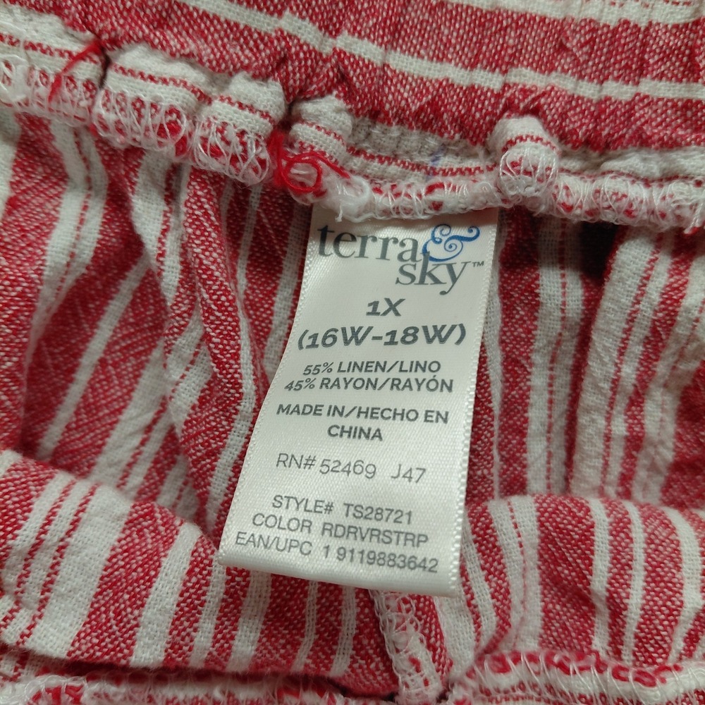 Terra & Sky Red Vertical Stripe Elastic Waist Womens 1X 16/18 Linen Shorts Beach - Picture 8 of 9